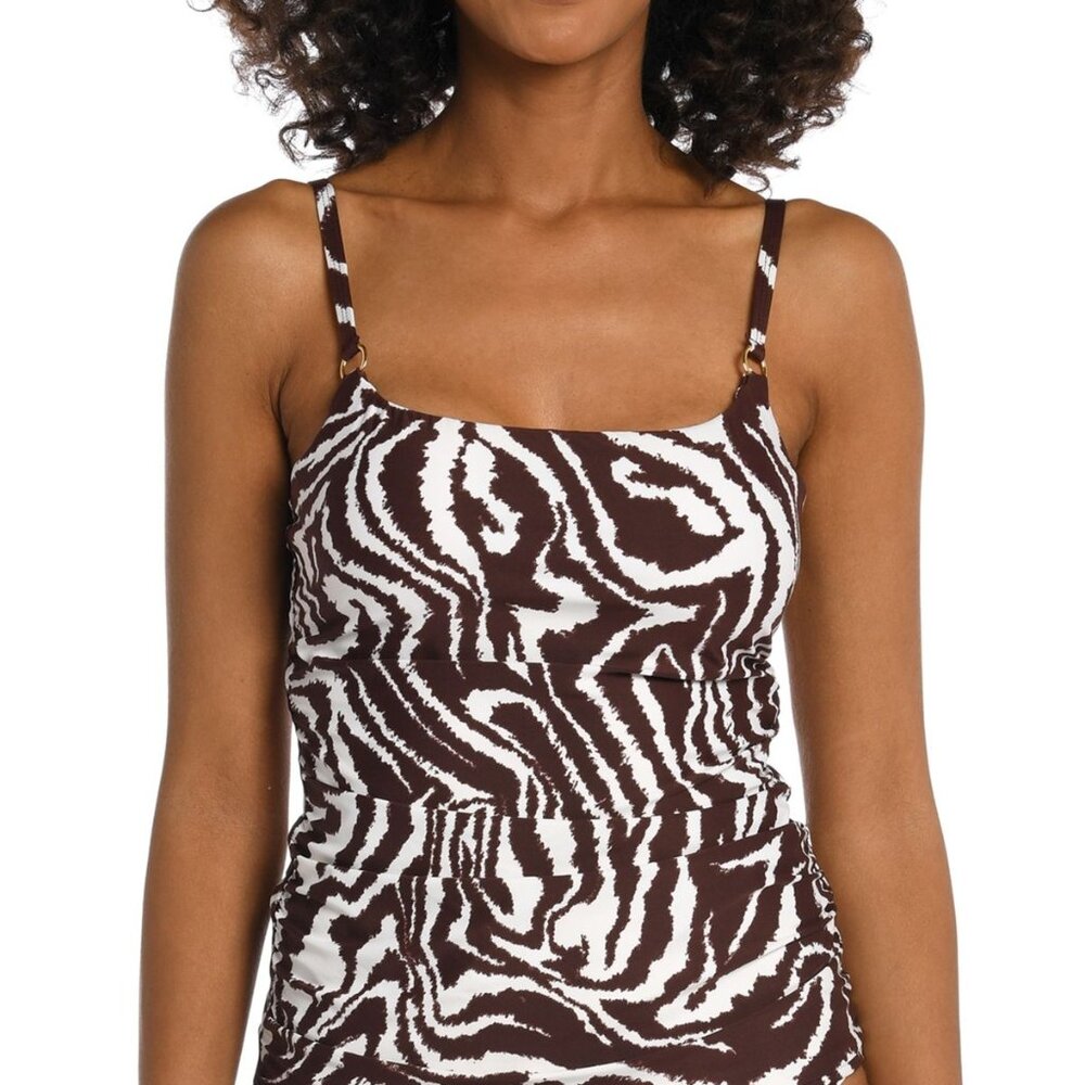La Blanca Fierce Lines Side-Shirred Tankini Swimsuit Top  Zebra Print Java 4 NWT